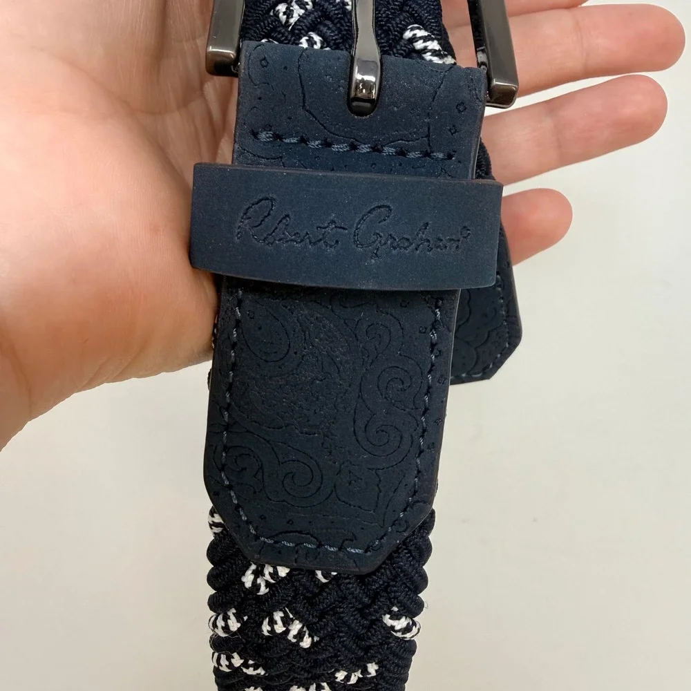 Robert Graham Jacob Belt Mens 40‎ Navy White Woven Braided Leather RG306072 NEW